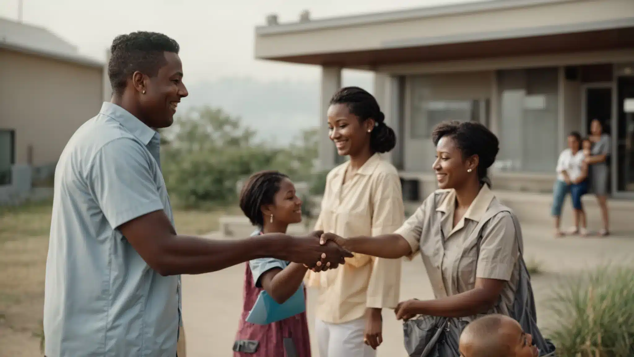 a confident professional shaking hands with a grateful family in front of a health clinic.