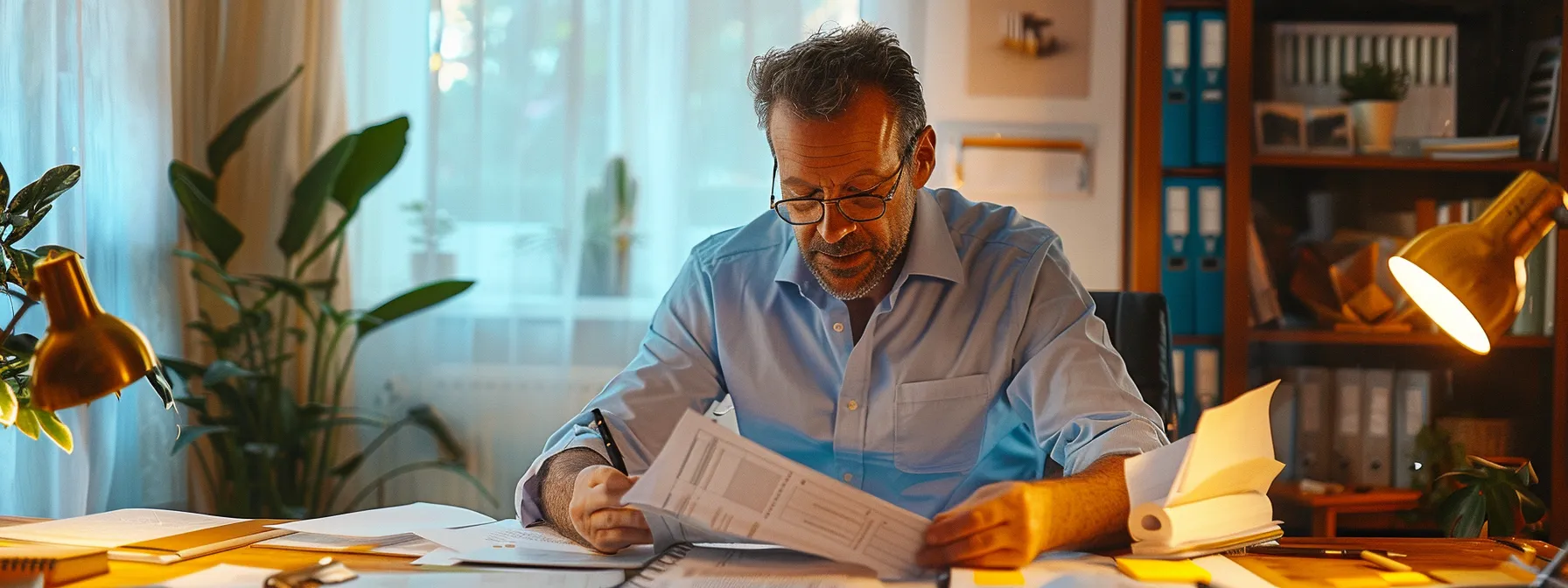 a focused agent studying financial planning materials with determination in a bright, organized home office.