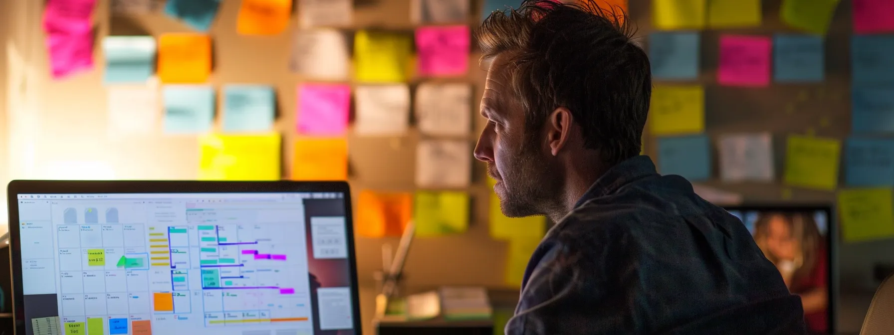 a focused health insurance agent in arizona meticulously mapping out their continuing education journey with colorful post-it notes, a calendar, and a laptop.