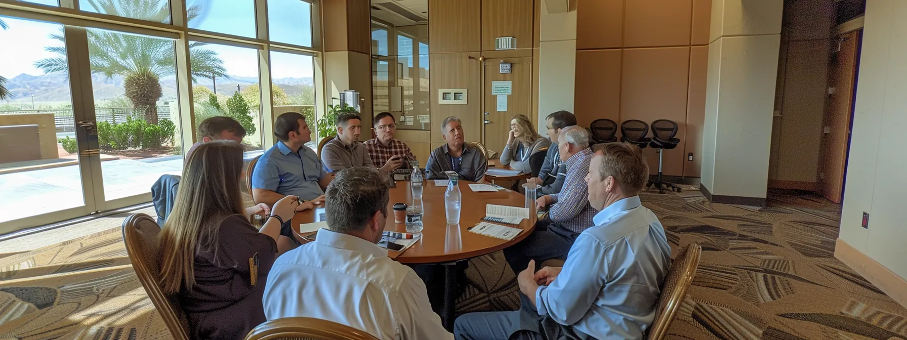 a group of health insurance agents networking and discussing at a local arizona insurance association meeting.