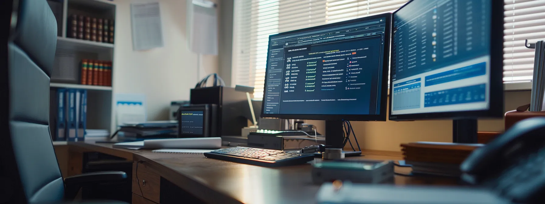 a broker in arizona using compliance tools to efficiently serve patients and meet regulatory standards, with a computer screen displaying medicaid requirements and a stack of updated regulatory manuals on a desk.