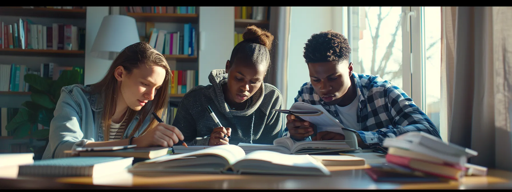 a diverse group of individuals studying together at a desk covered in textbooks and reference materials.