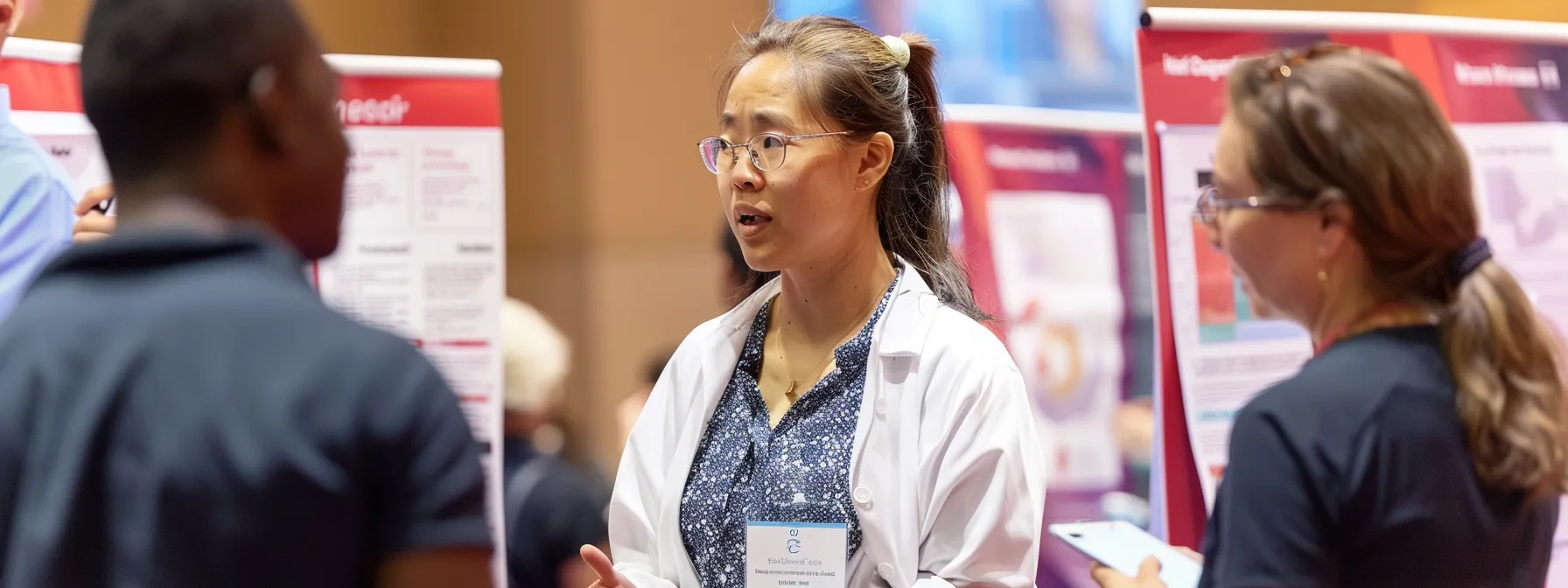 a group of diverse healthcare professionals engaging in a networking event, surrounded by informational posters and resources about medicare certification programs and continuing education opportunities.