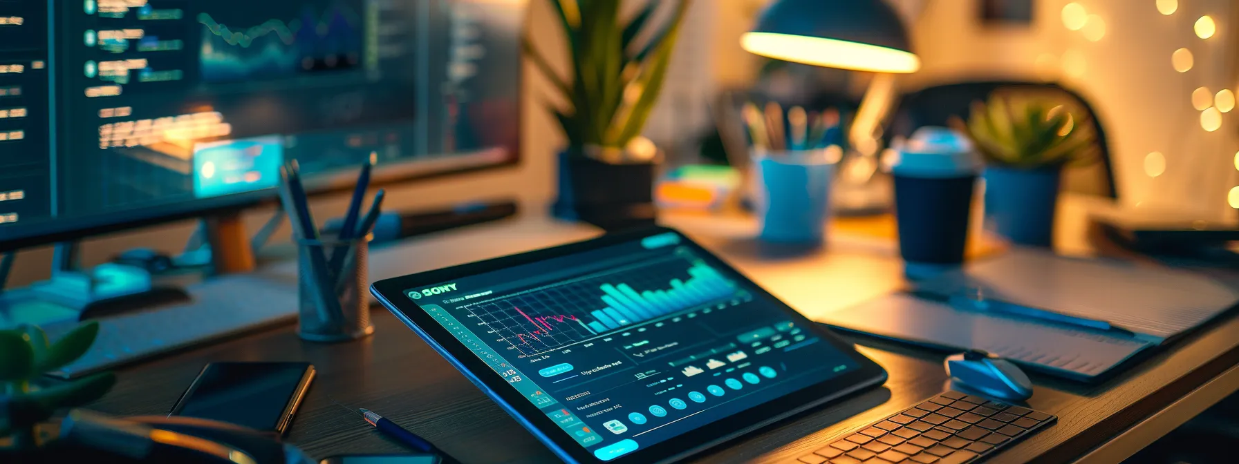 a modern digital tablet displaying specialized software for dual special needs brokers in arizona on a sleek desk with high-tech gadgets.