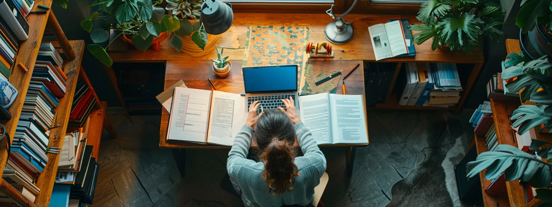 a person sitting at a desk surrounded by books, notes, and a laptop, diligently studying to fulfill continuing education requirements and renew their license and certifications as a dual special needs broker in arizona.